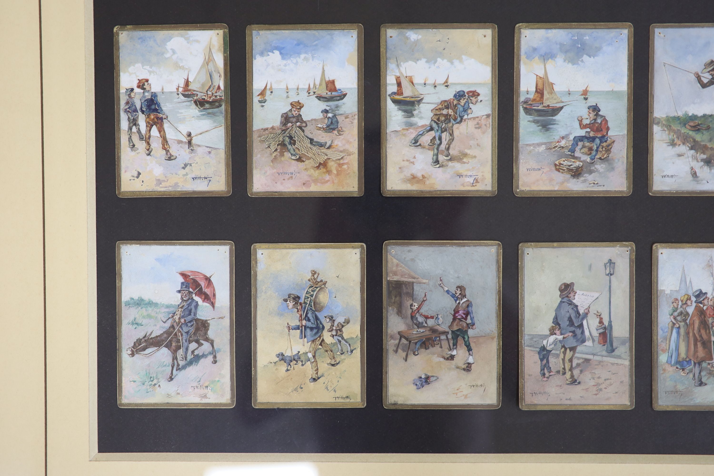 F. Villetti, (Italian, 19th century) a set of 18 humorous / characterful figure studies, maritime, sporting and other pursuits, watercolour on card, each with gilt borders, each signed, individually measuring 10 x 7 cm,